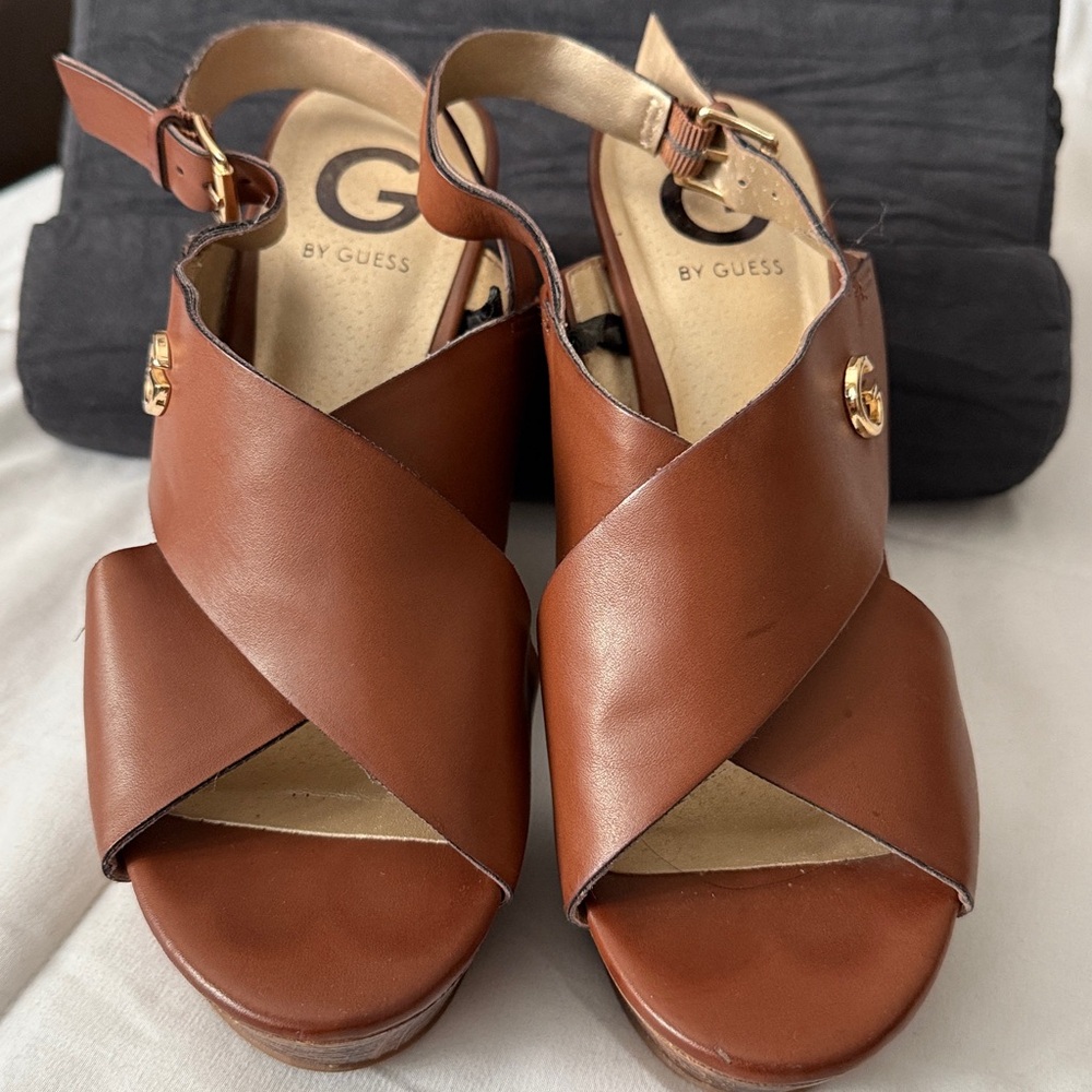 Guess Tan Leather Cross-Strap Sandals